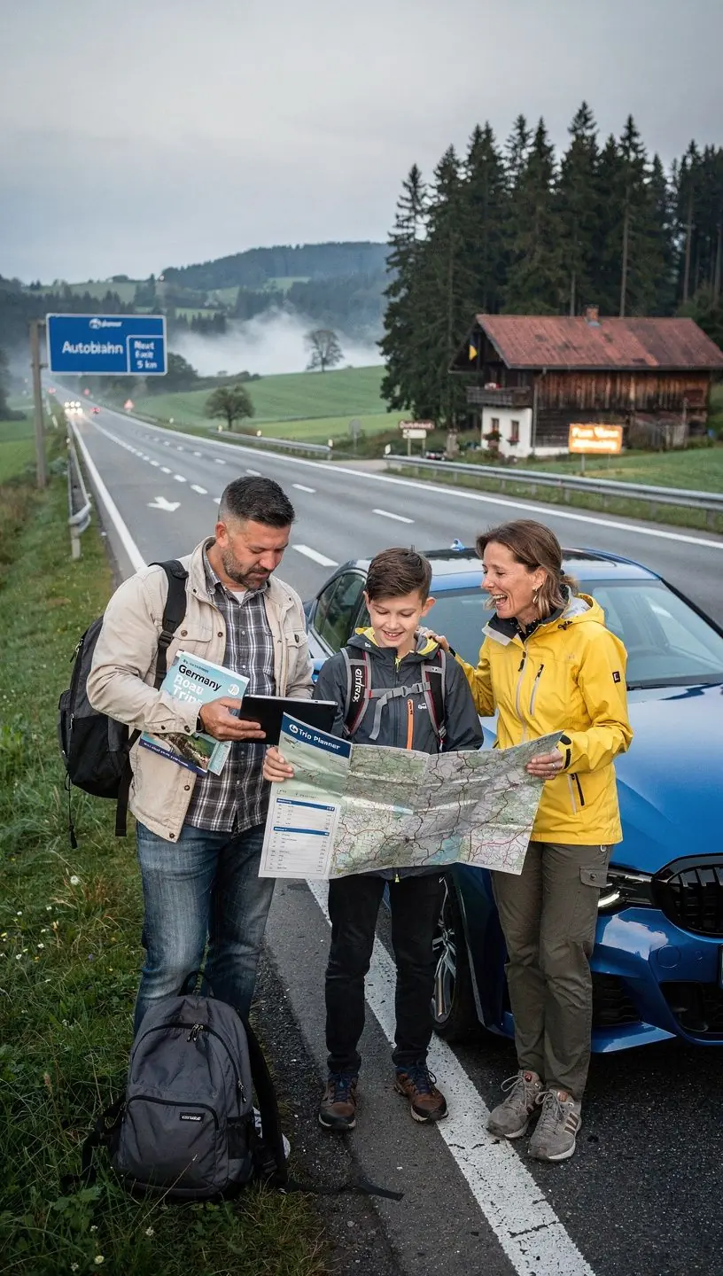 Ein Aussichtspunkt mit Panoramablick auf eine deutsche Landschaft, ideal für Pausen und Fotostopps während der Fahrt.